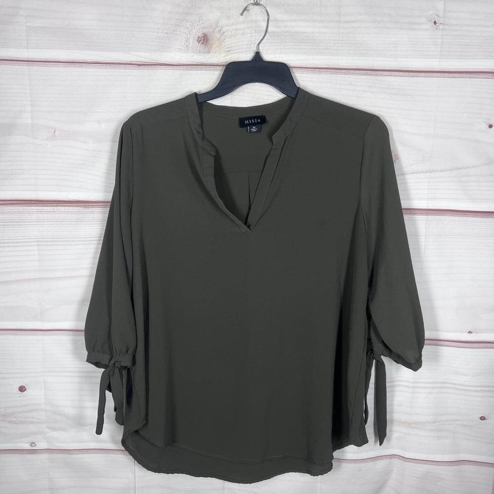 MISIA V-Neck Blouse Women 3X Olive Green Solid Tie Sleeve Split Neck Top Office